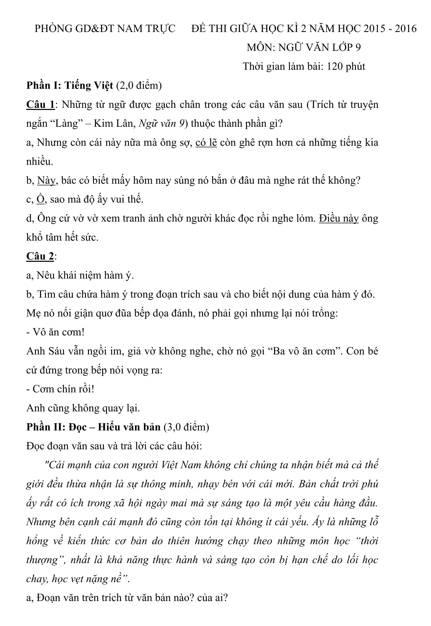 10 Đề thi Giữa HK2 ngữ văn 9 - có lời giải