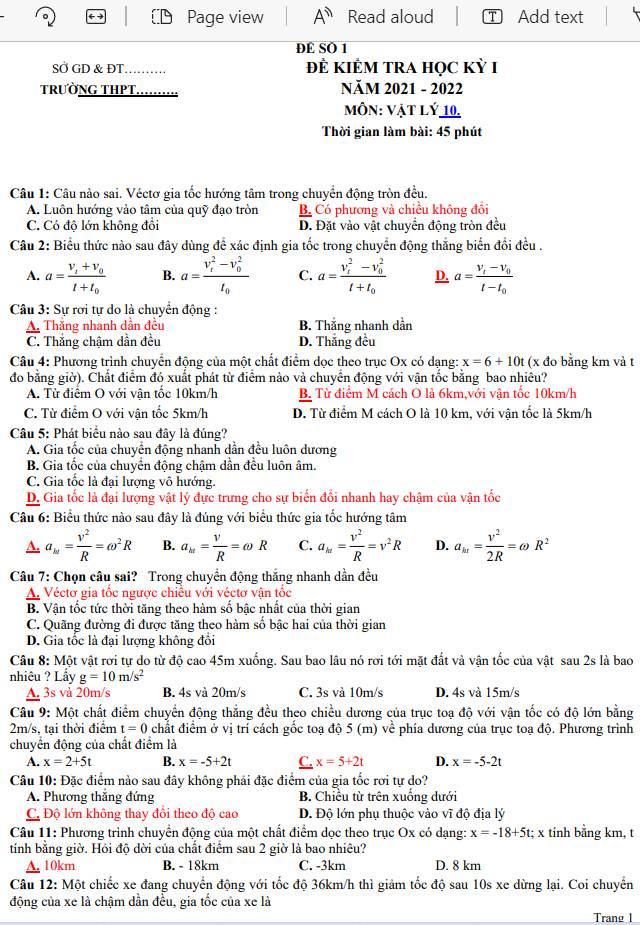 Đề thi học kì 1 môn vật lý lớp 10 đề 4