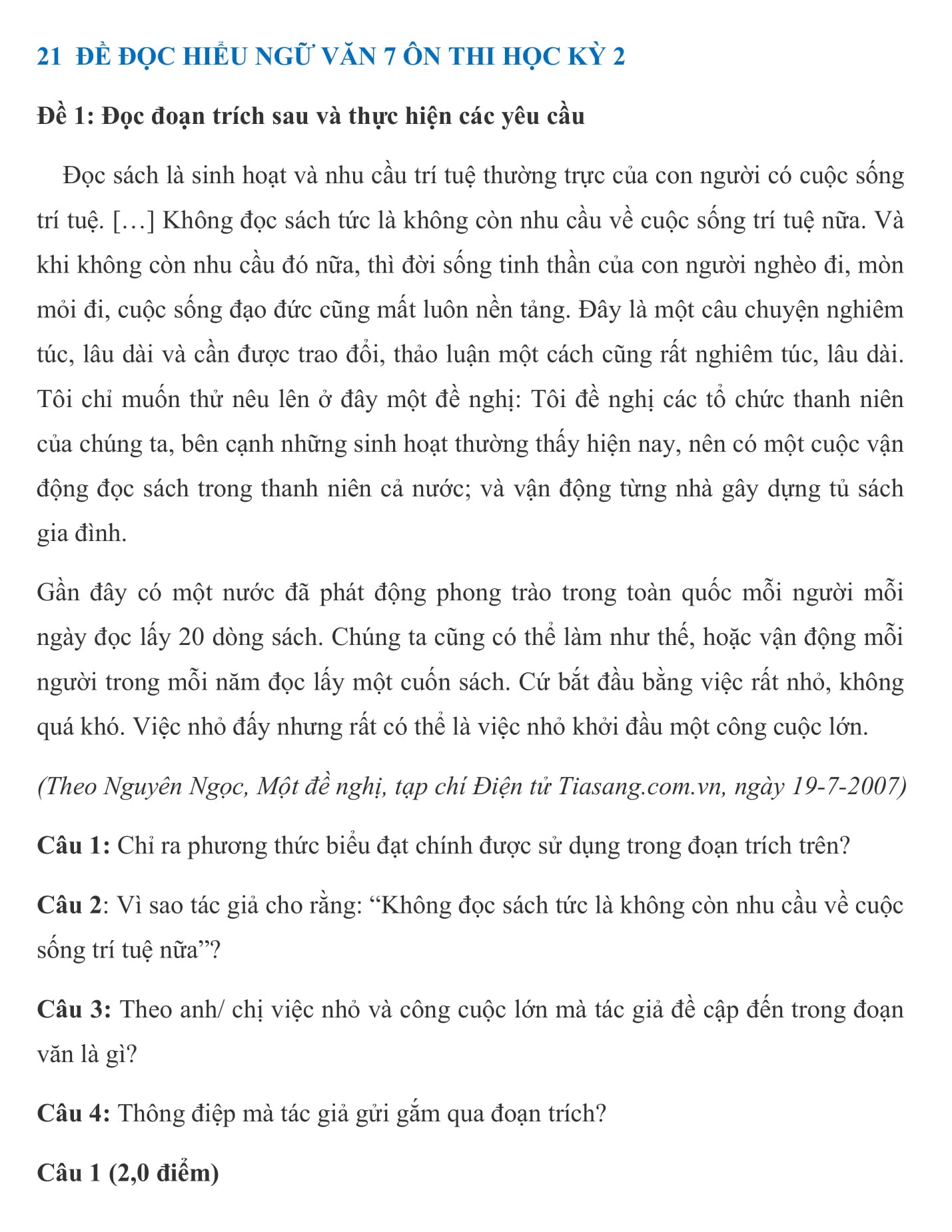 21 Đề thi HK2 ngữ văn 7 có lời giải chi tiết