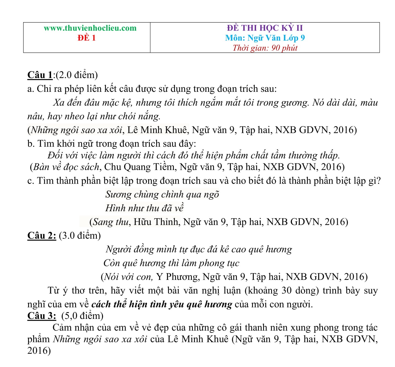 10 Đề thi HK2 ngữ văn 9 được phân tích chi tiết